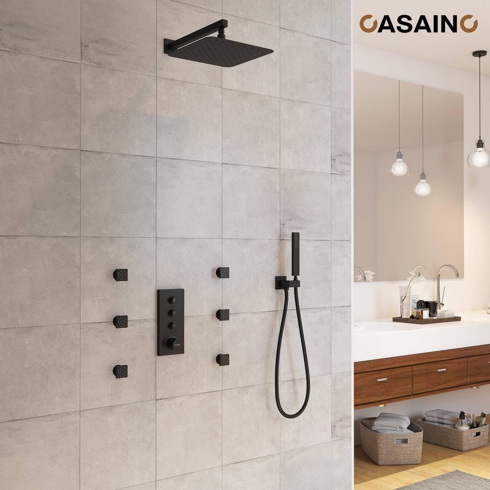 3 Functions 12 Inch Wall Mount Thermostatic Shower System with 6 Body Jets