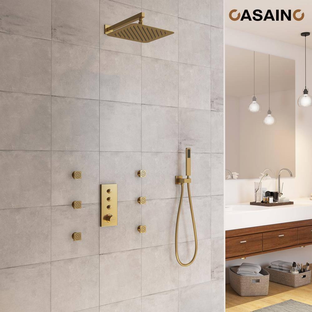 3 Functions 12 Inch Wall Mount Thermostatic Shower System with 6 Body Jets