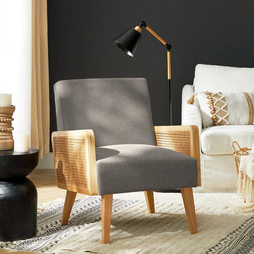 Farmhouse Accent Chair Rattan Armrests Fabric Upholstered Wooden Reading Armchair Living Bedroom Pewter