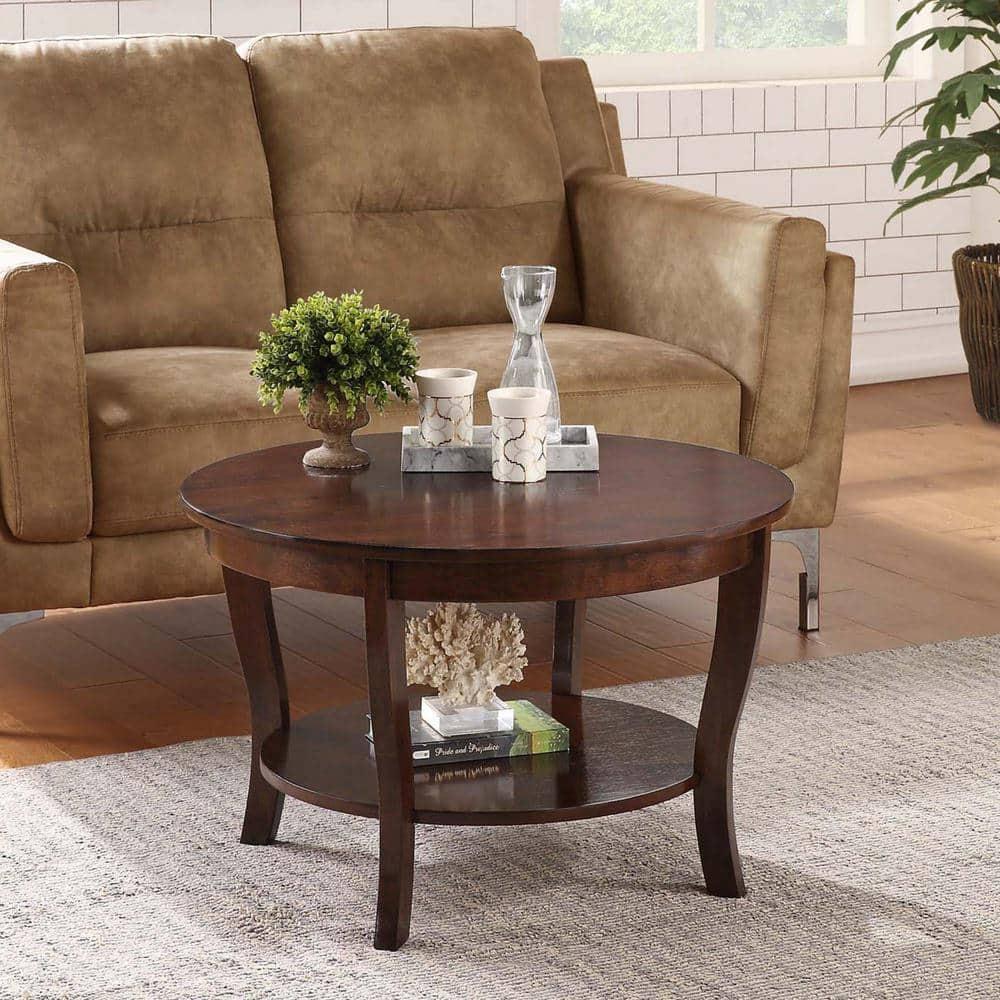 FurniFact Brown Round Coffee Table with Lower Shelf for Stylish Living Room Storage
