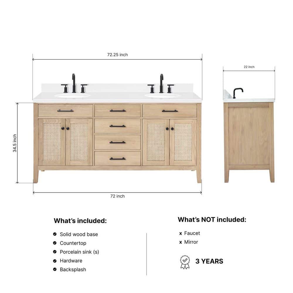 Camila 72 in. W x 22 in. D x 36 in. H Double Oval Sink Bath Vanity in White Oak with Carrara White Quartz Top