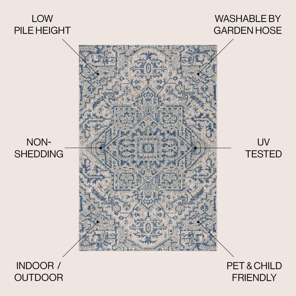 4'x6' Estrella Bohemian Medallion Textured Weave Indoor/Outdoor Area Rug, Navy/Gray - JONATHAN Y