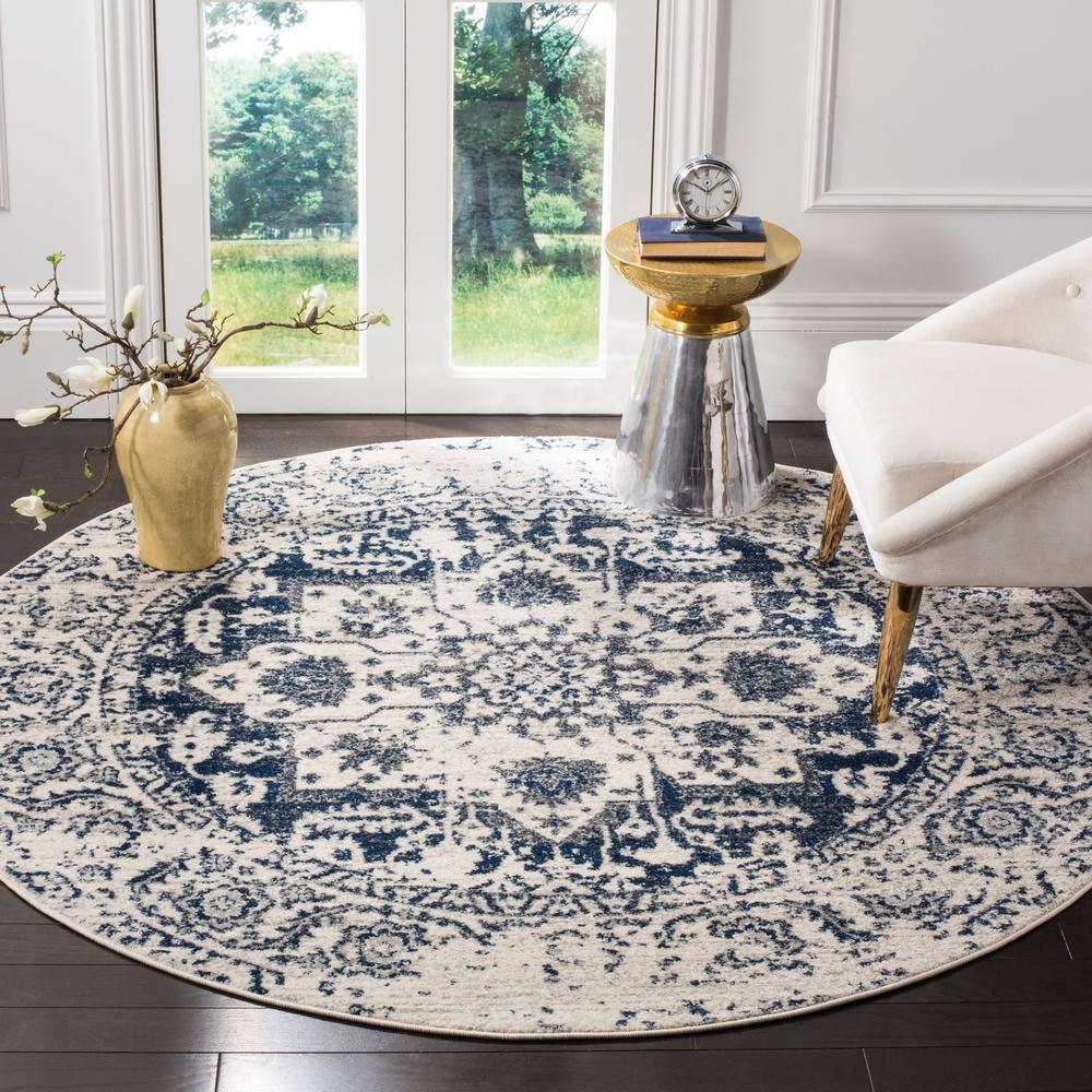 Madison MAD603 Power Loomed Indoor Area Rug - Cream/Navy - 9' Round - Safavieh