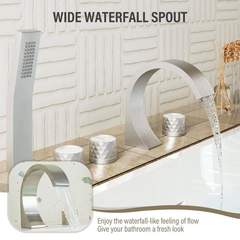 3 Handles Deck Mounted Bathroom Tub Faucet Trim with Handshower