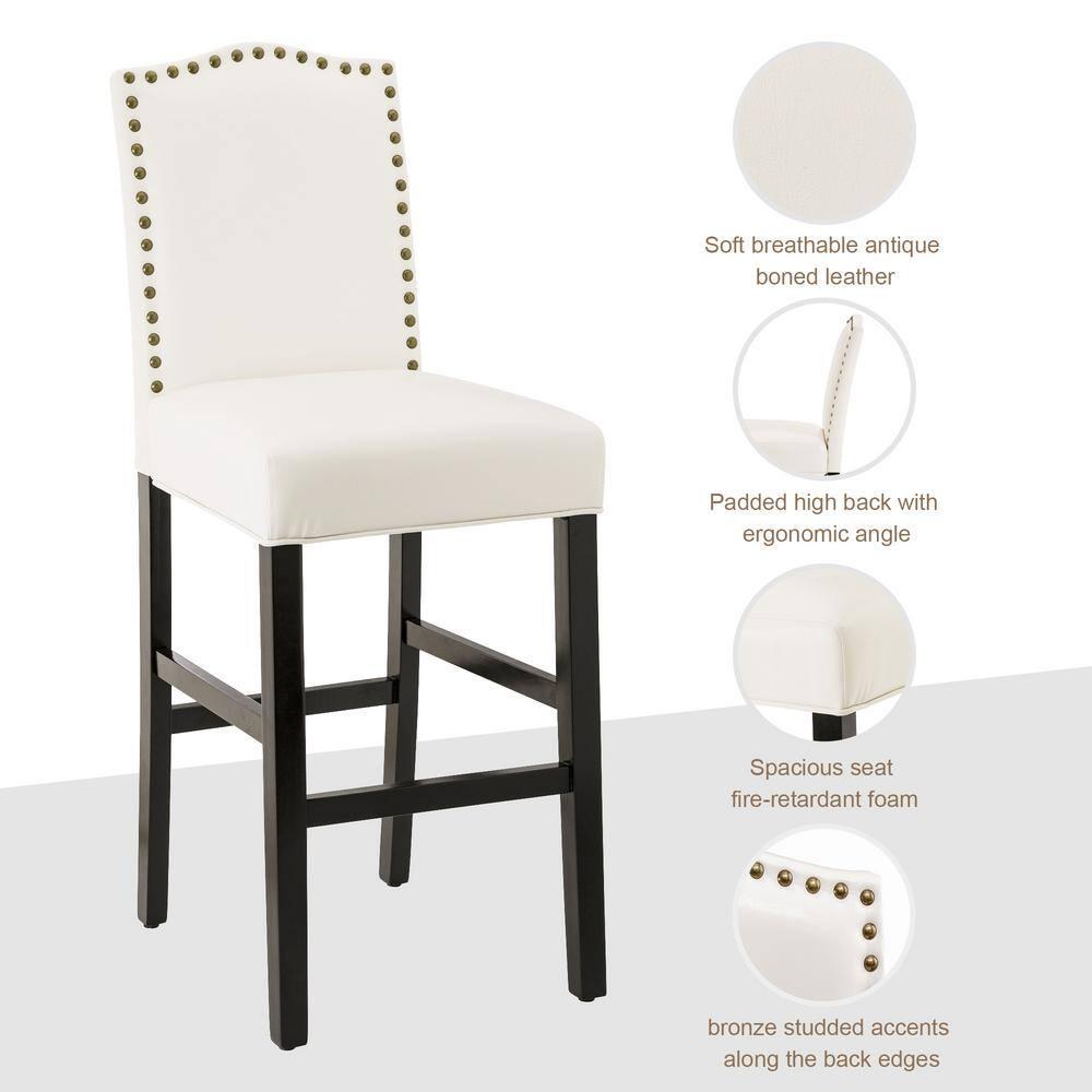 Set of 2 Leatherette PU Barstools with Studded Decor Off White - Glitzhome: Rubberwood Frame, Footrest, Modern Style
