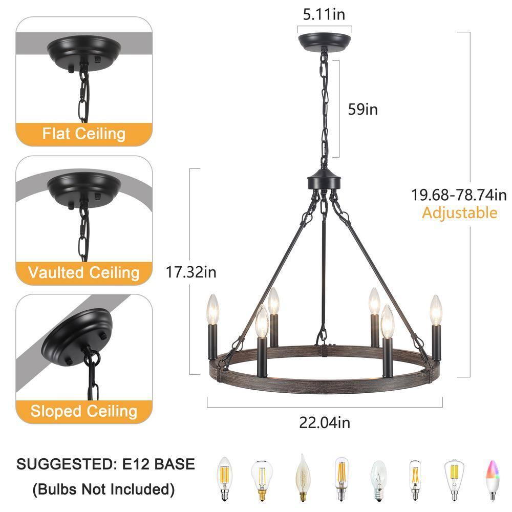 22.04 in. 6-Light Black Rustic Farmhouse Chandelier, Wagon Wheel Chandelier for Dining Room Living Room Bedroom Kitchen Black