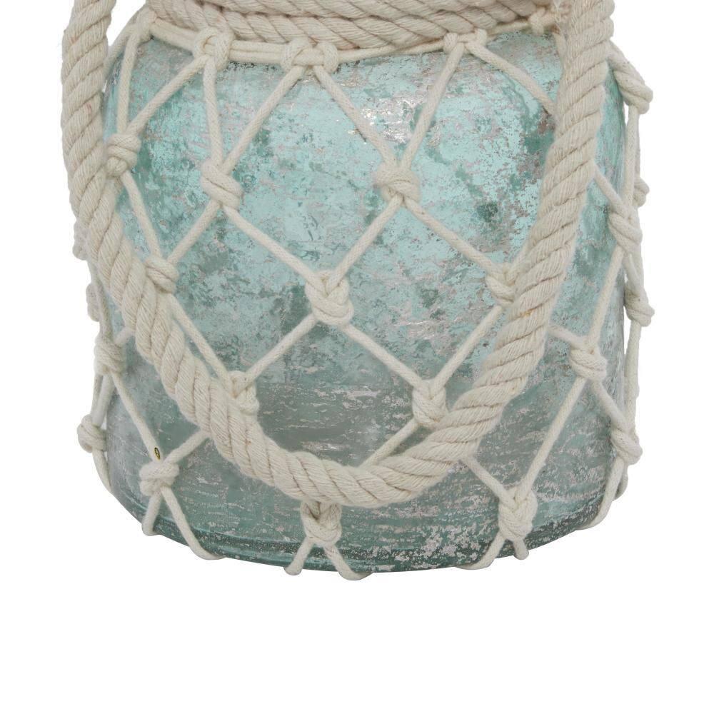DecMode Blue Glass Decorative Candle Lantern with Rope Handle