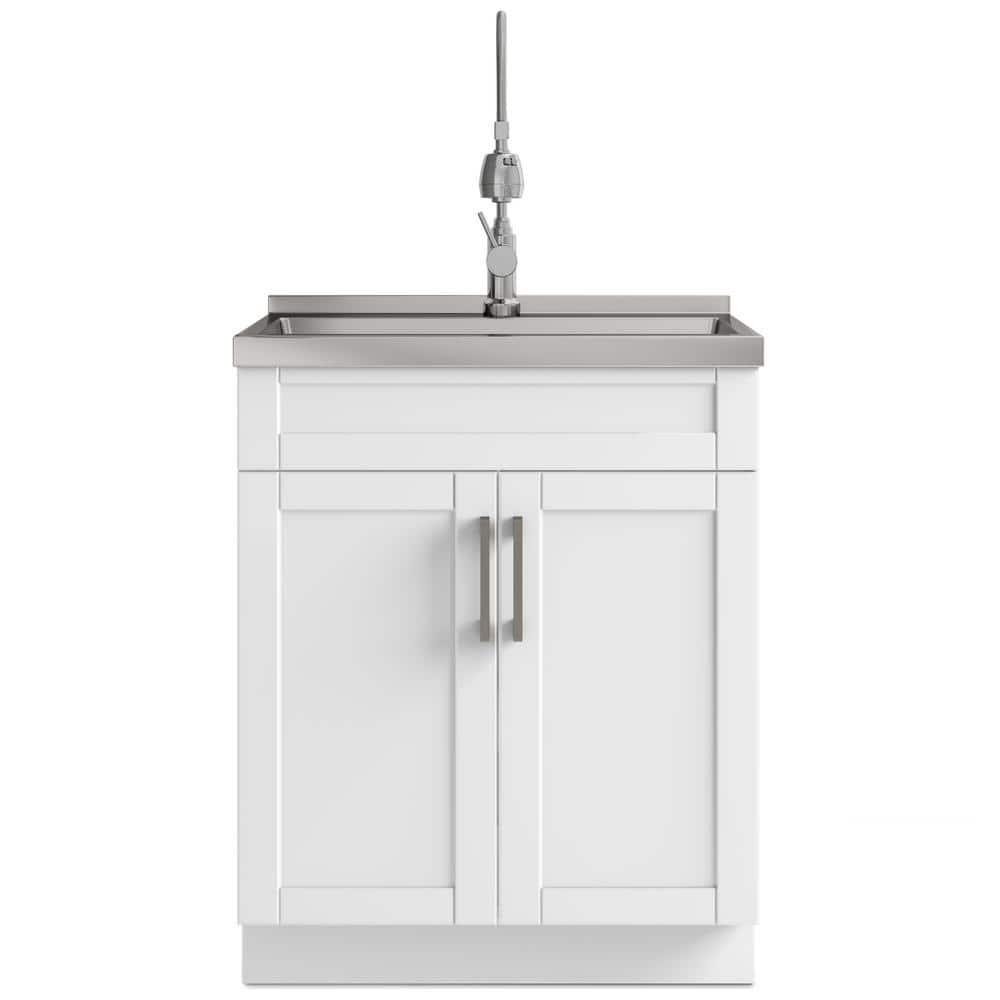 Simpli Home AXCLDYHEN28-SS Hennessy  All-in-One 28-inch Utility Sink & Cabinet in Pure White