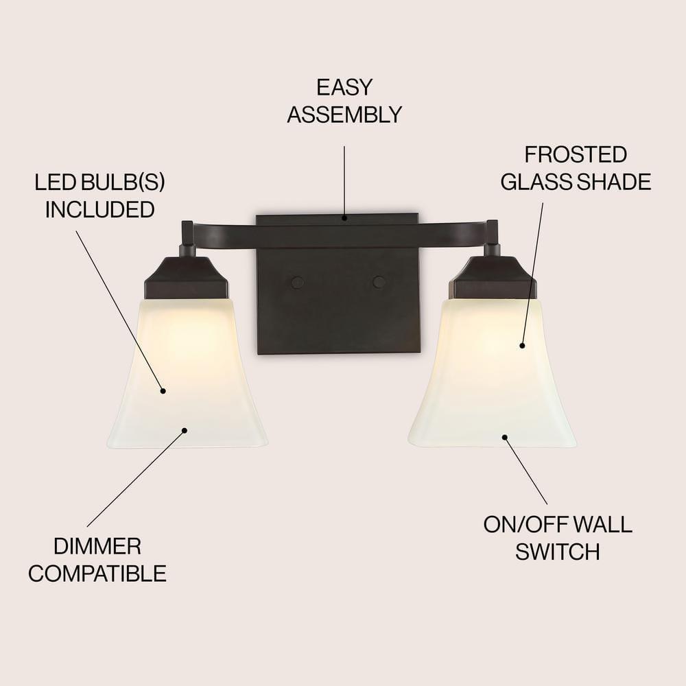 Staunton 15 in. 2-Light Iron/Glass Modern Cottage LED Vanity Light, Oil Rubbed Bronze