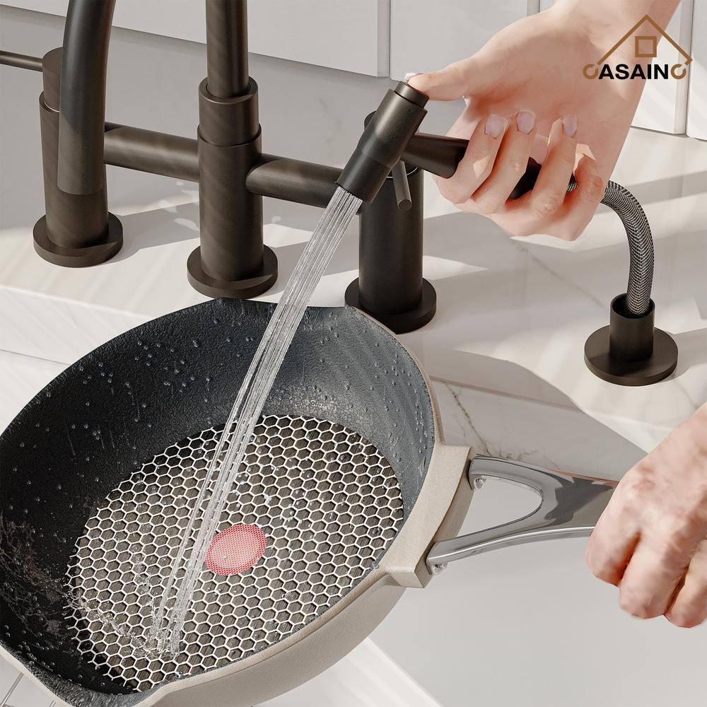 Double Handle Bridge Kitchen Faucet with Side Sprayer in Matte Black