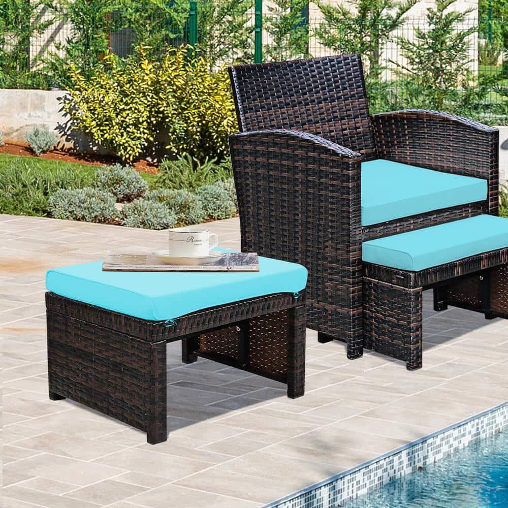 Tangkula 2 PCS Outdoor Wicker Ottoman Patio Rattan Furniture Metal Footrest Seat Square Footstool with Cushion Turquoise