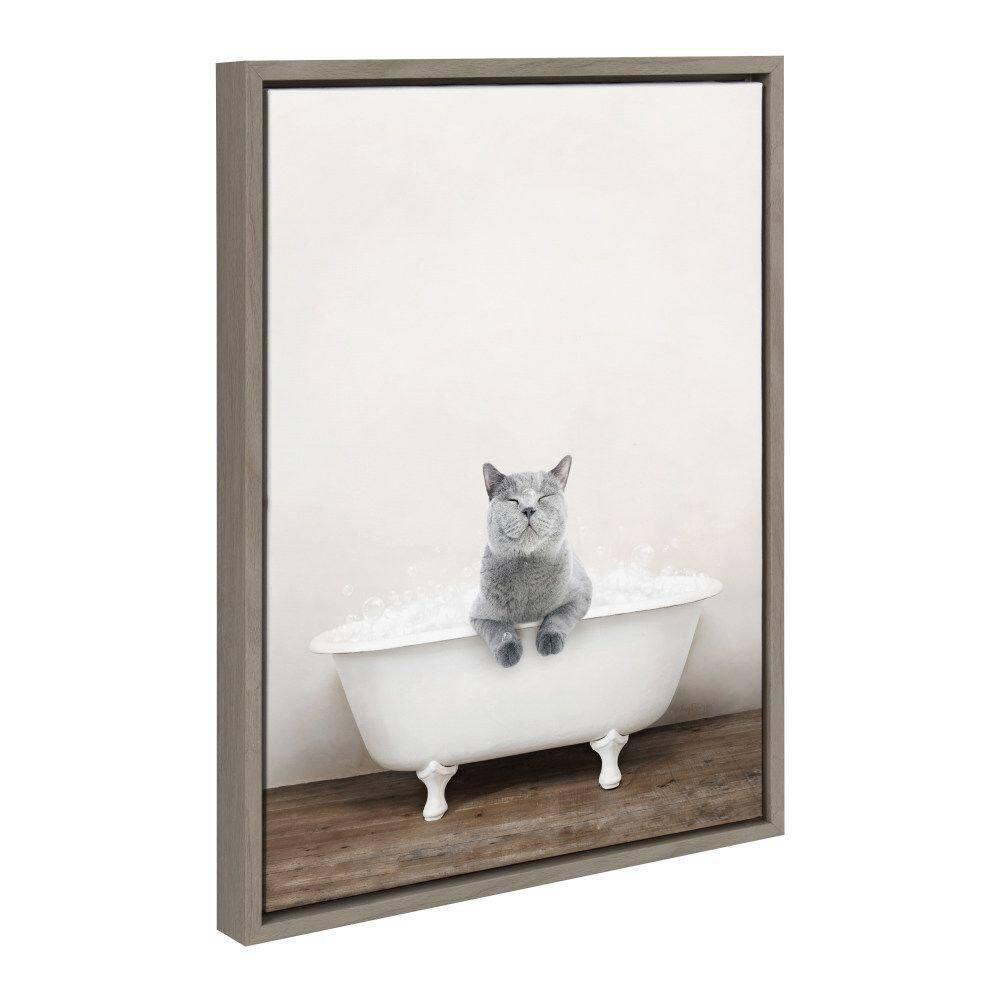 18" x 24" Sylvie Cat in Rustic Bath Framed Canvas by Amy Peterson: Bathroom Wall Art Decor - Kate & Laurel