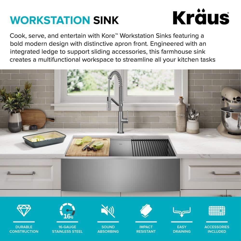 KRAUS Kore™ Workstation 33-inch 16 Gauge Stainless Steel Single Bowl Farmhouse Kitchen Sink with Accessories