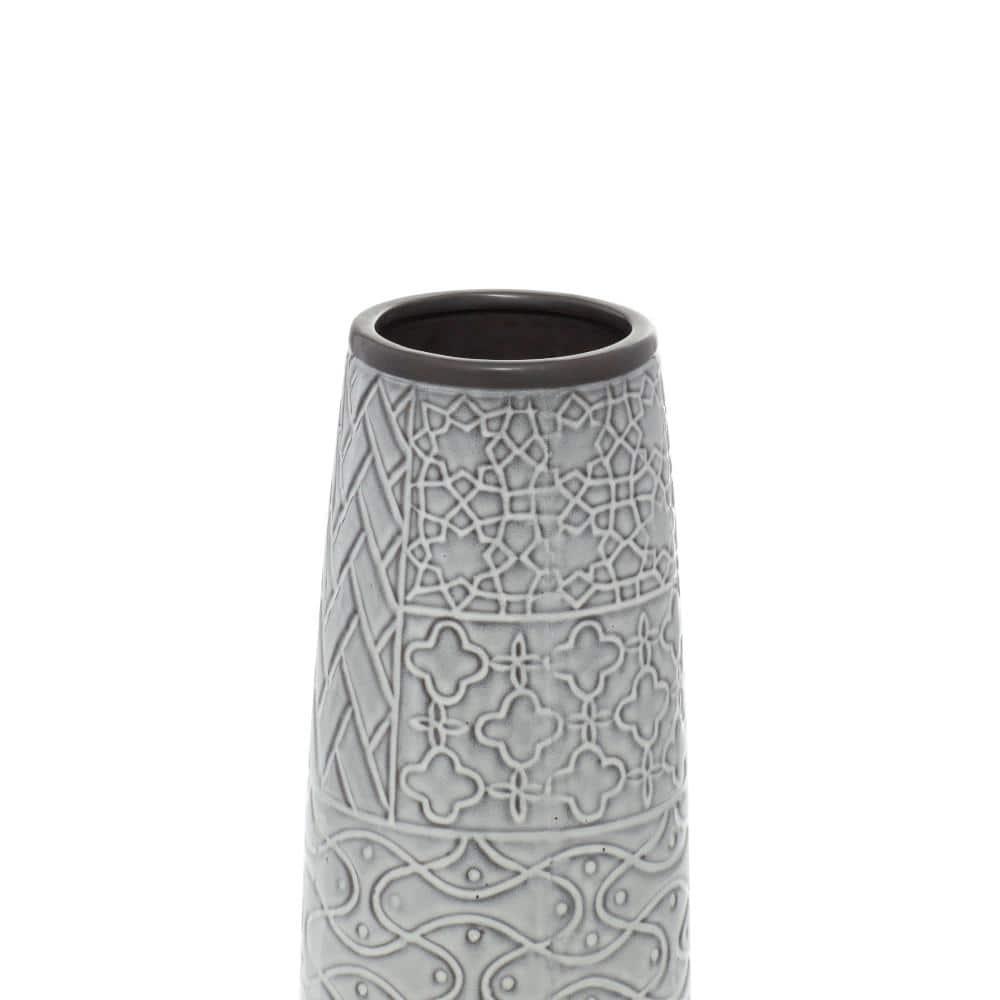 Ceramic Slim Engraved Patterned Decorative Gray Vase