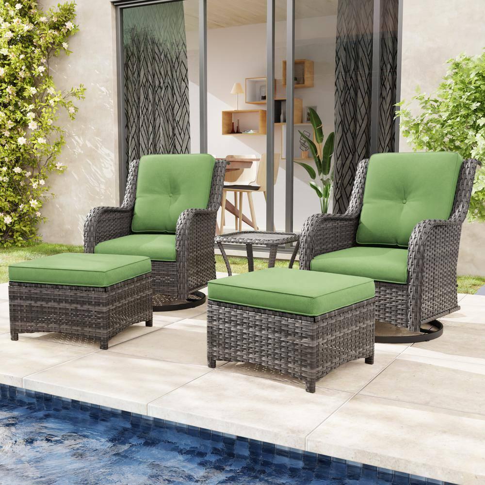 MeetLeisure 5 Pieces Outdoor Furniture Patio Furniture Set with Two Swivel Rocking Chairs,Two Ottomans, One Side Table, Green