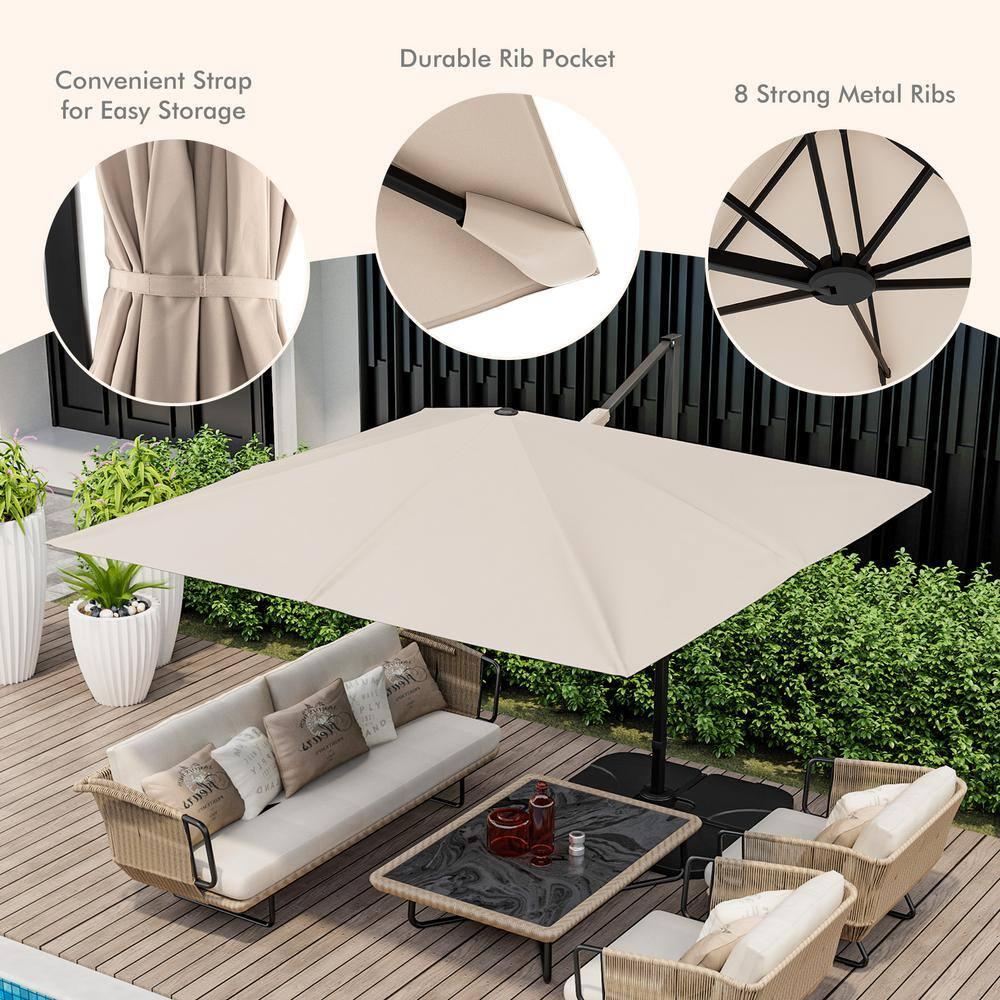 Tangkula Patio 9.5FT Square Cantilever Offset Umbrella Double Vented 360° Heavy Duty Beige
