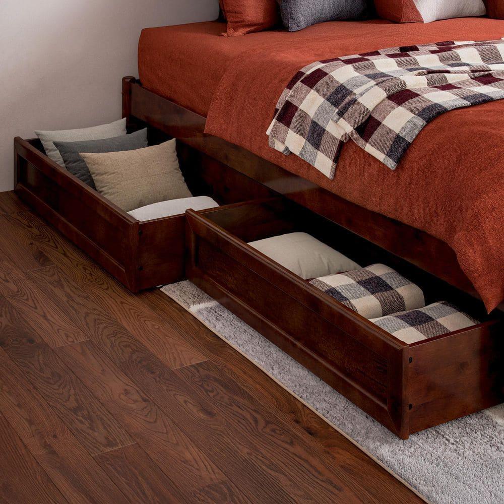 Barcelona Full Solid Wood Panel Platform Bed with Storage Drawers in Walnut