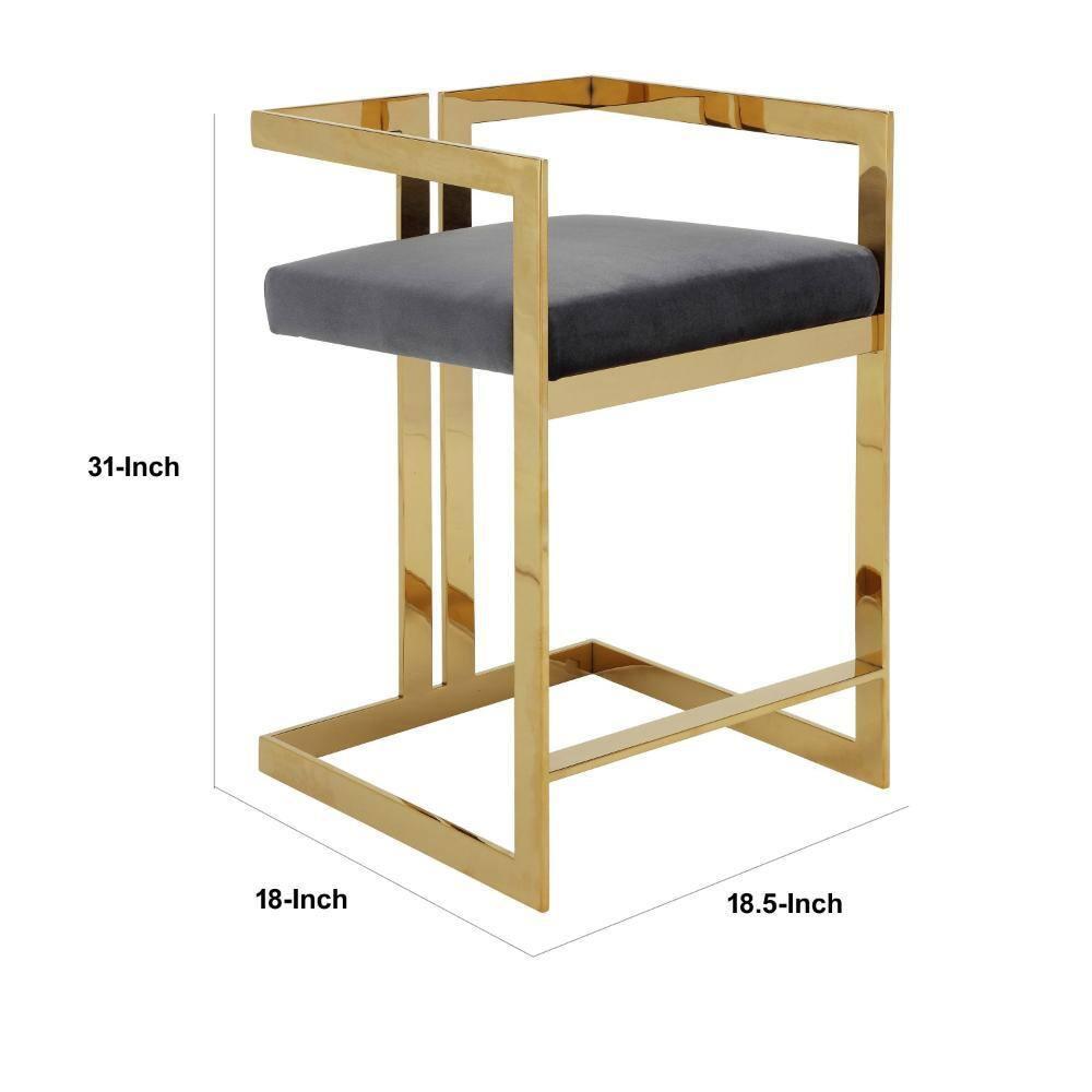 Benjara Suki 26 Inch Barstool Chair, Gray Velvet Seat, Stainless Steel, Gold Finish