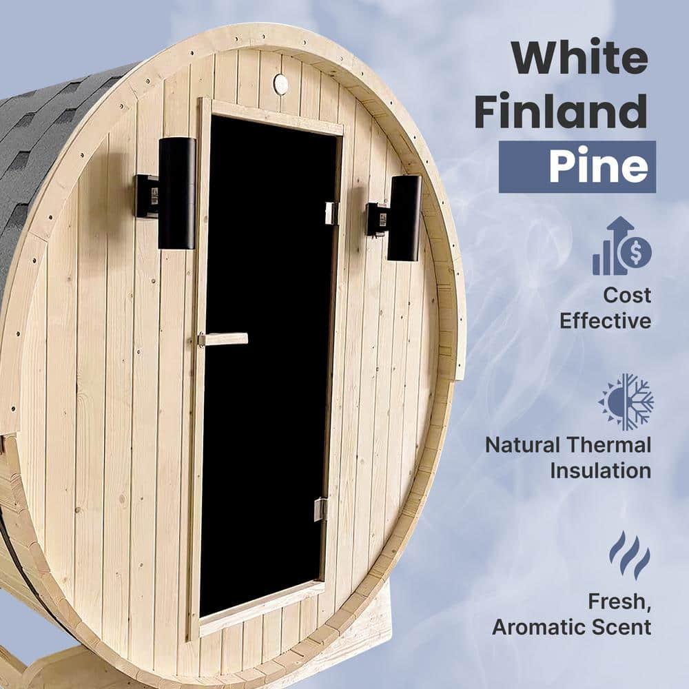 ALEKO Outdoor and Indoor White Pine Barrel Sauna - 3-4 Person - 4.5 kW UL Certified Heater - Bitumen Shingle Roofing
