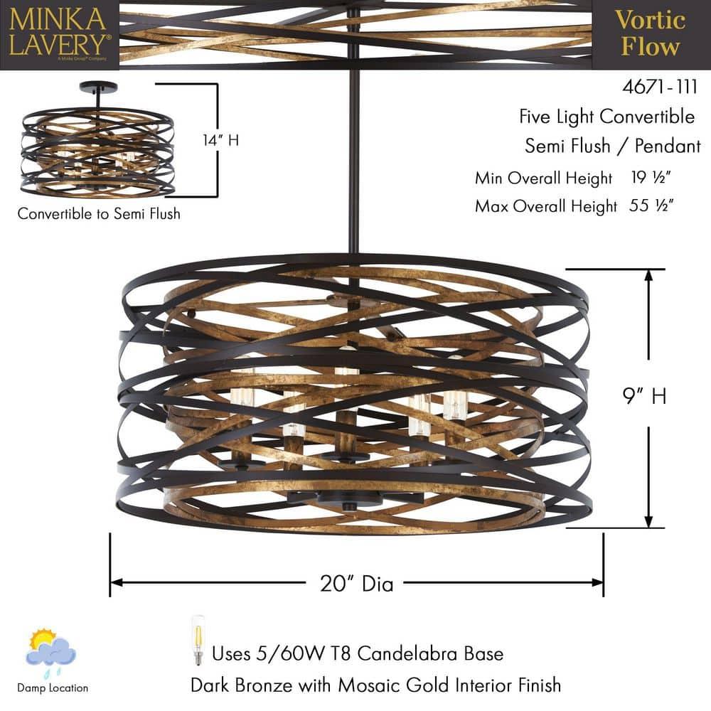Minka Lavery Vortic Flow 20" Wide Dark Bronze and Mosaic Gold 5-Light Pendant