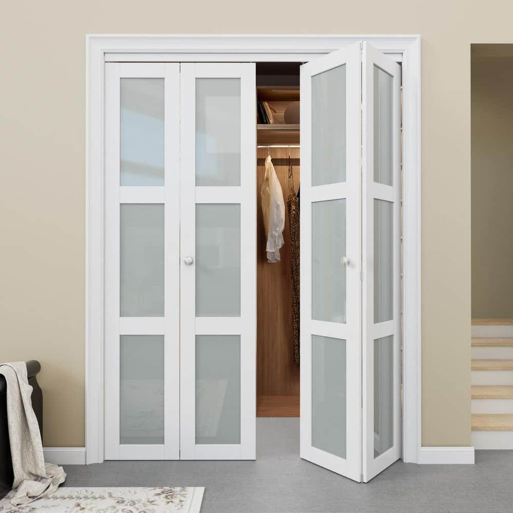 CHIC MODE Double Bifold Doors 3 Lite Frosted Glass Solid Manufactured Wood Prefinished Folding Door & Reviews | Wayfair