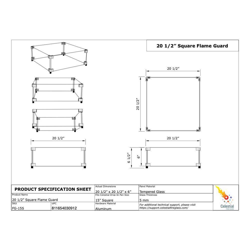 Celestial Fire Glass Square Fire Pit Wind Guard