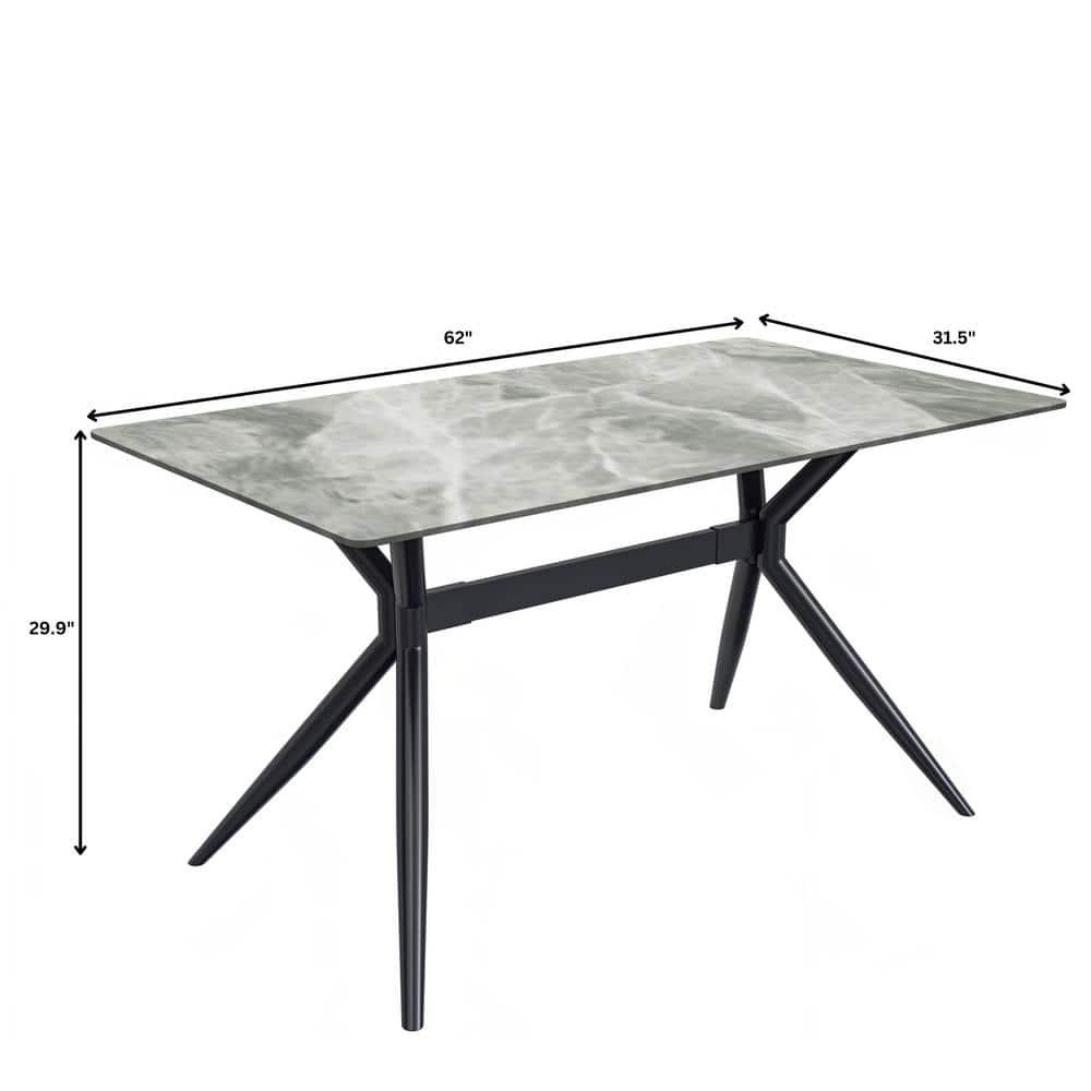 LeisureMod Elega Series Modern 62” Dining Table with Sintered Stone or Glass Rectangular Top and Black Stainless Steel Base in Light Grey