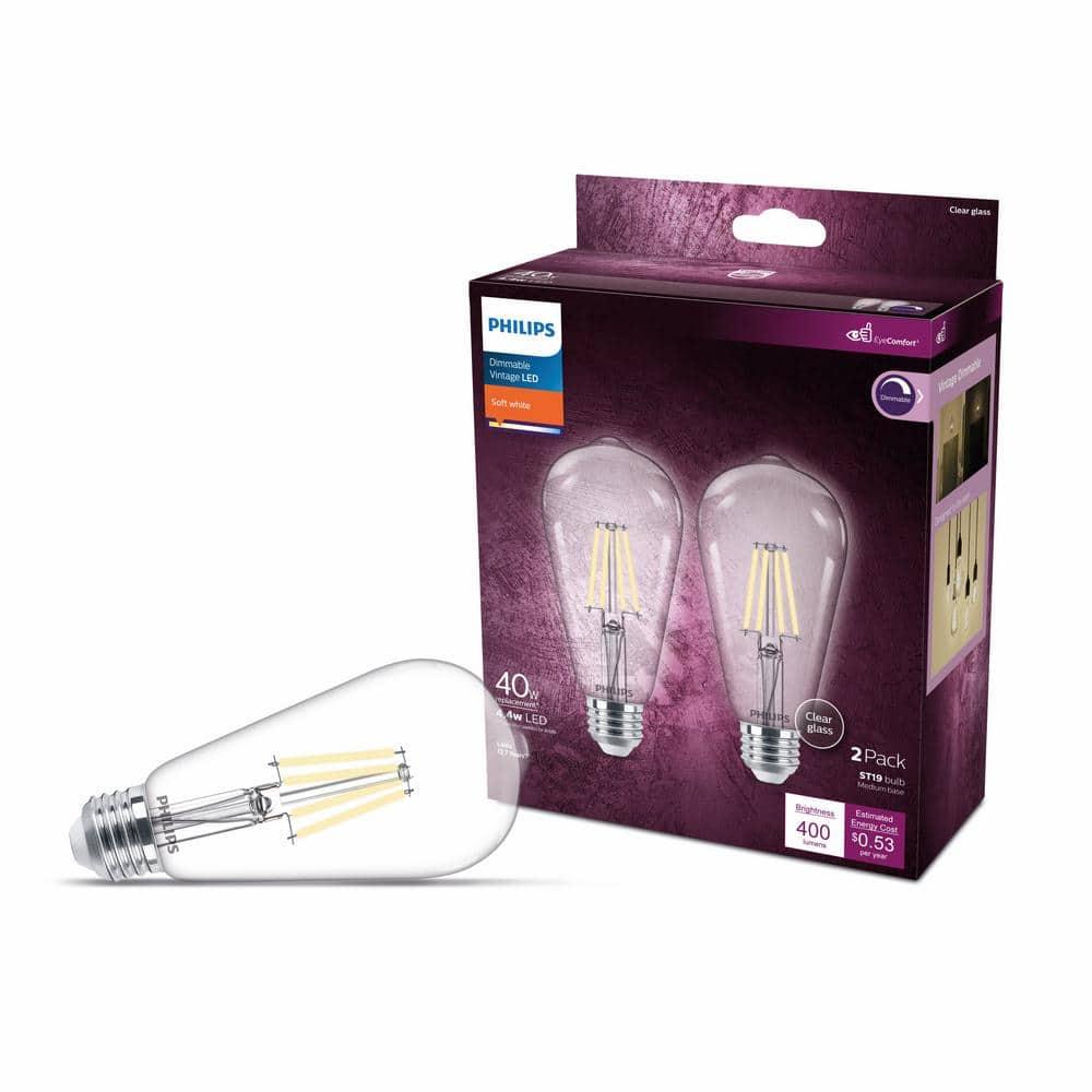 Philips LED 40W Clear ST19 Soft White: Dimmable, 400 Lumens, E26 Base, Energy Star Certified, 2-Pack