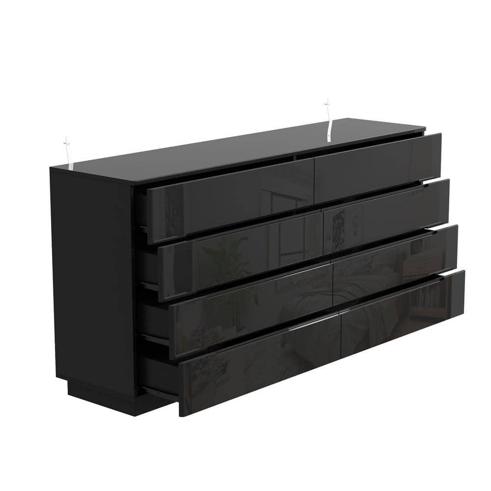 Black 8-Drawer 63 in. W Wood Double Dresser Chest of Drawers Bedroom Storage Organizer in With High Gloss and LED Lights