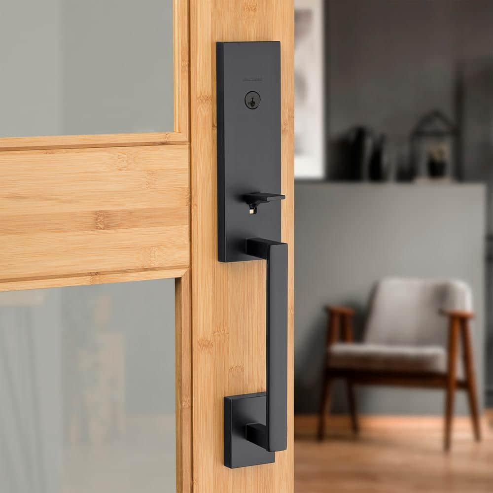Vancouver Matte Black Keyed Entry Door Handleset with Halifax Passage Handle Featuring SmartKey Security