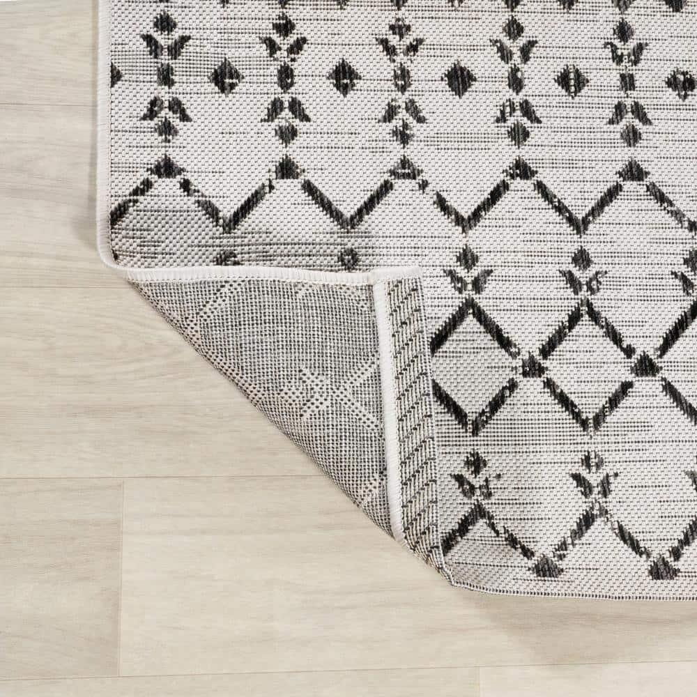 5' x 5' Ourika Moroccan Geometric Textured Weave Indoor/Outdoor Area Rug, Cream/Black - JONATHAN Y