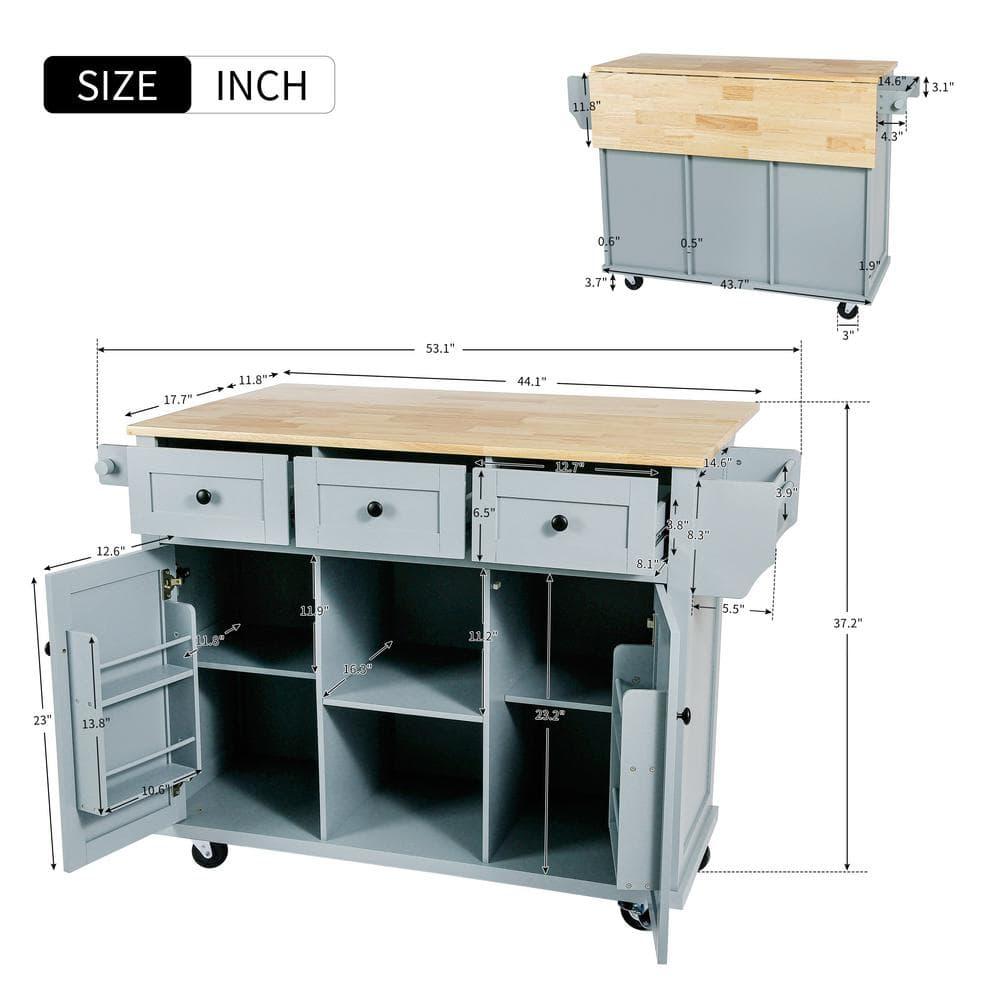 53.1" Kitchen Island Cart with Large Tabletop and Locking Wheels, Kitchen Trolley Cart with 4 Doors Cabinet & 2 Storage Drawers, Spice Rack & Towel Rack, Rolling Kitchen Island Cart, Grey Blue