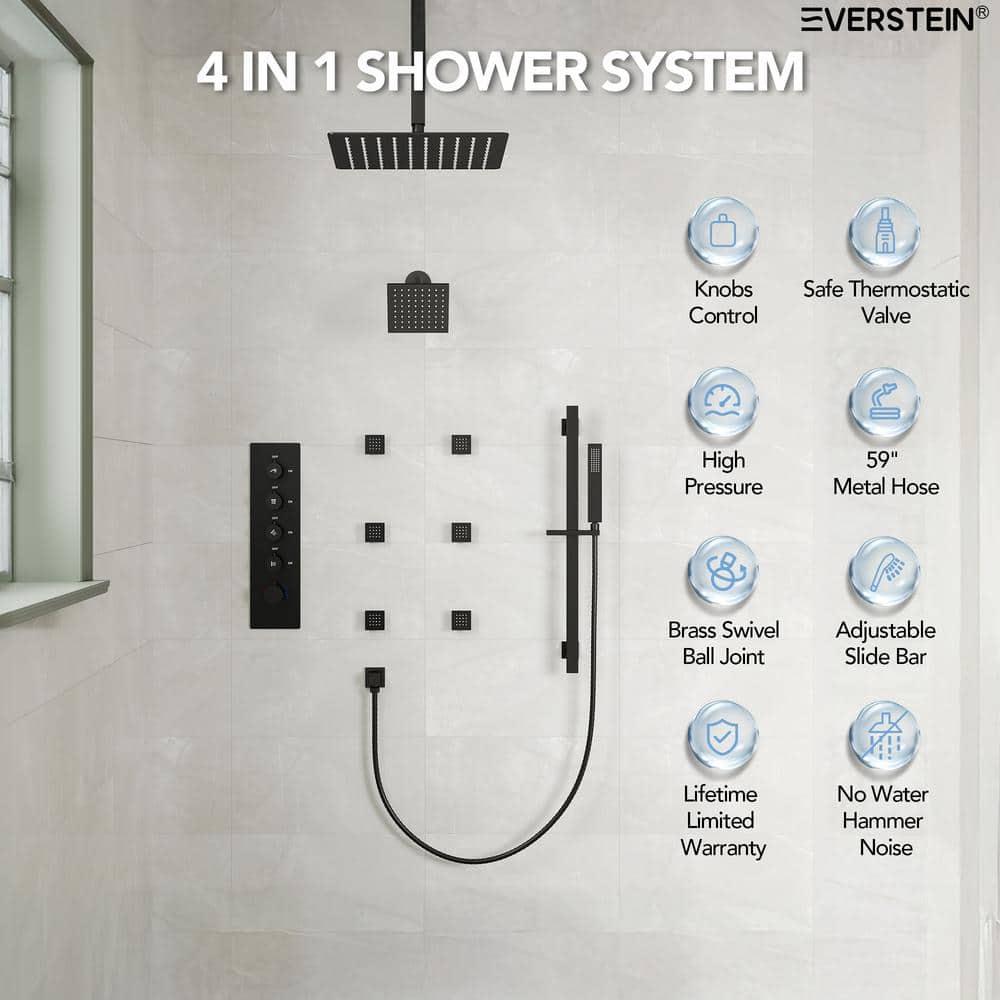 DualJetSpa 15-Spray Patterns 16" & 6" Dual Shower Head, Shower FaucetSystem with Thermostatic Rough-in Valve and Body Jets