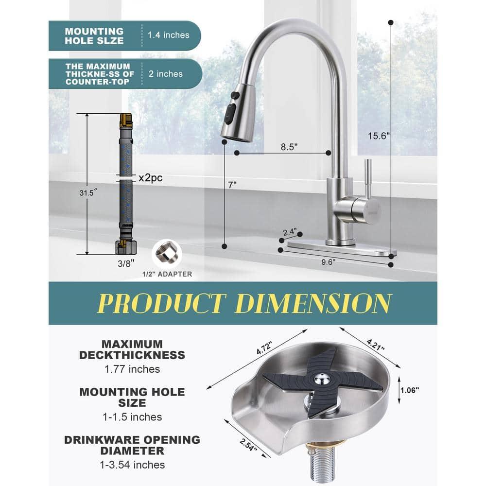 WOWOW Kitchen Faucet with Sprayer, Kitchen Sink Faucet, SUS 304 Stainless Steel, High Arc Single Handle Brushed Nickel Kitchen Faucets with Pull Down Sprayer, Pull Out Kitchen Faucet with Deck Plate
