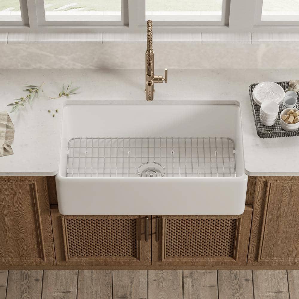 Grove 30" L X 18" W Rectangular White Single Basin Fireclay Farmhouse / Apron Kitchen Sink with Grid and Strainer