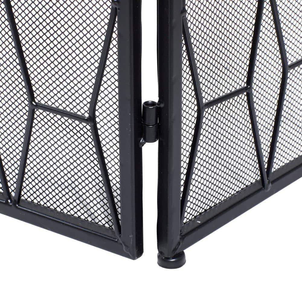 DecMode 51" x 31" Black Metal Foldable 3 Panel Geometric Fireplace Screen with Mesh Netting, 1-Piece