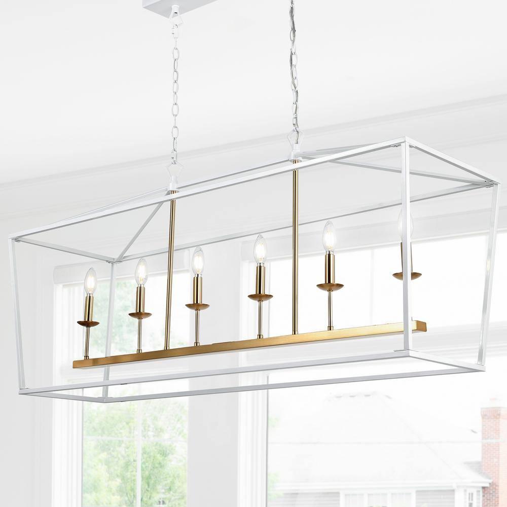 JONATHAN  Y Pagoda 49" Metal Linear Classic Traditional 6 -Light White Farmhouse Lantern Large Hanging Kitchen island light