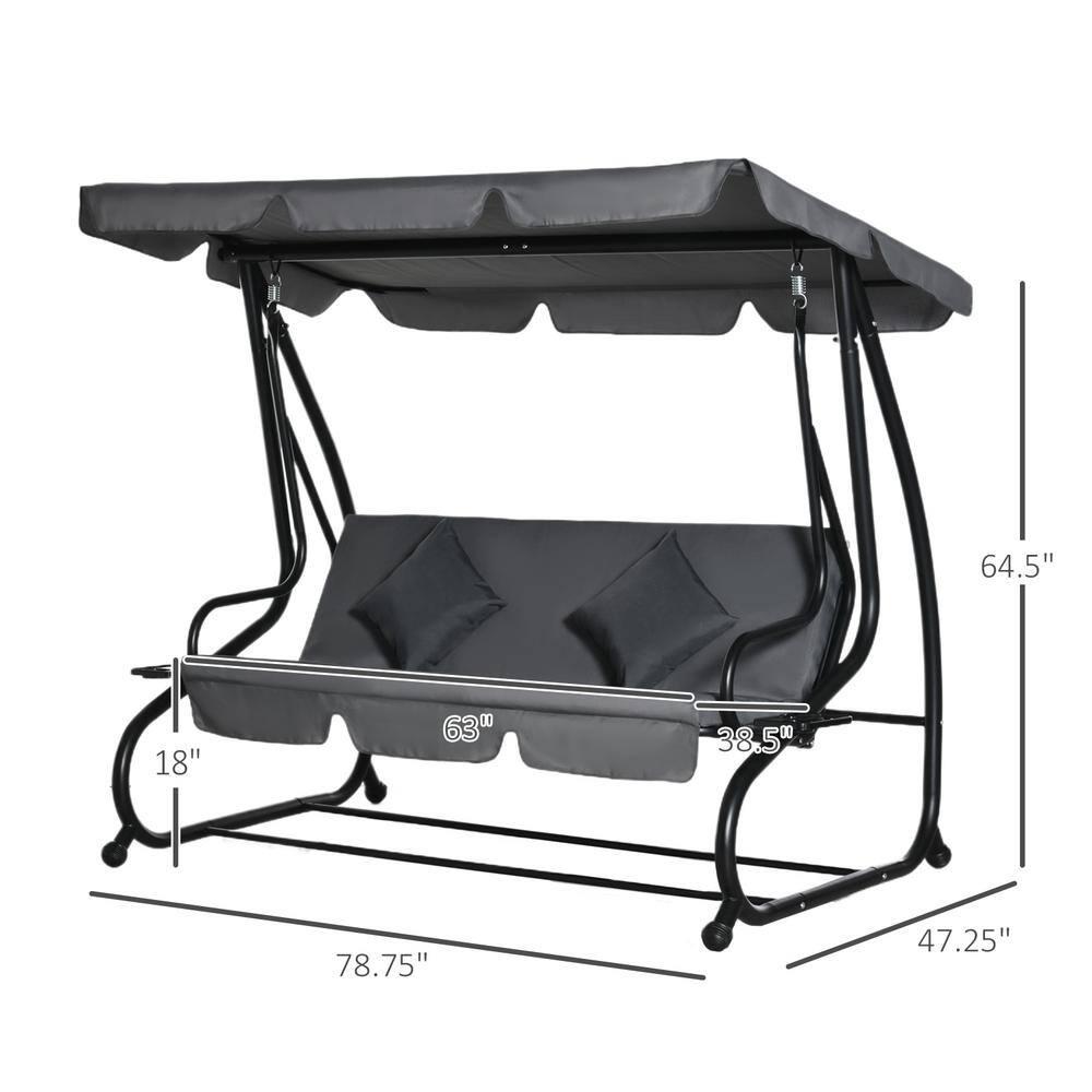 Outsunny 3 Seat Outdoor Free Standing Swing Bench Porch Swing with Stand, Comfortable Cushioned Fabric & Included Canopy, Gray