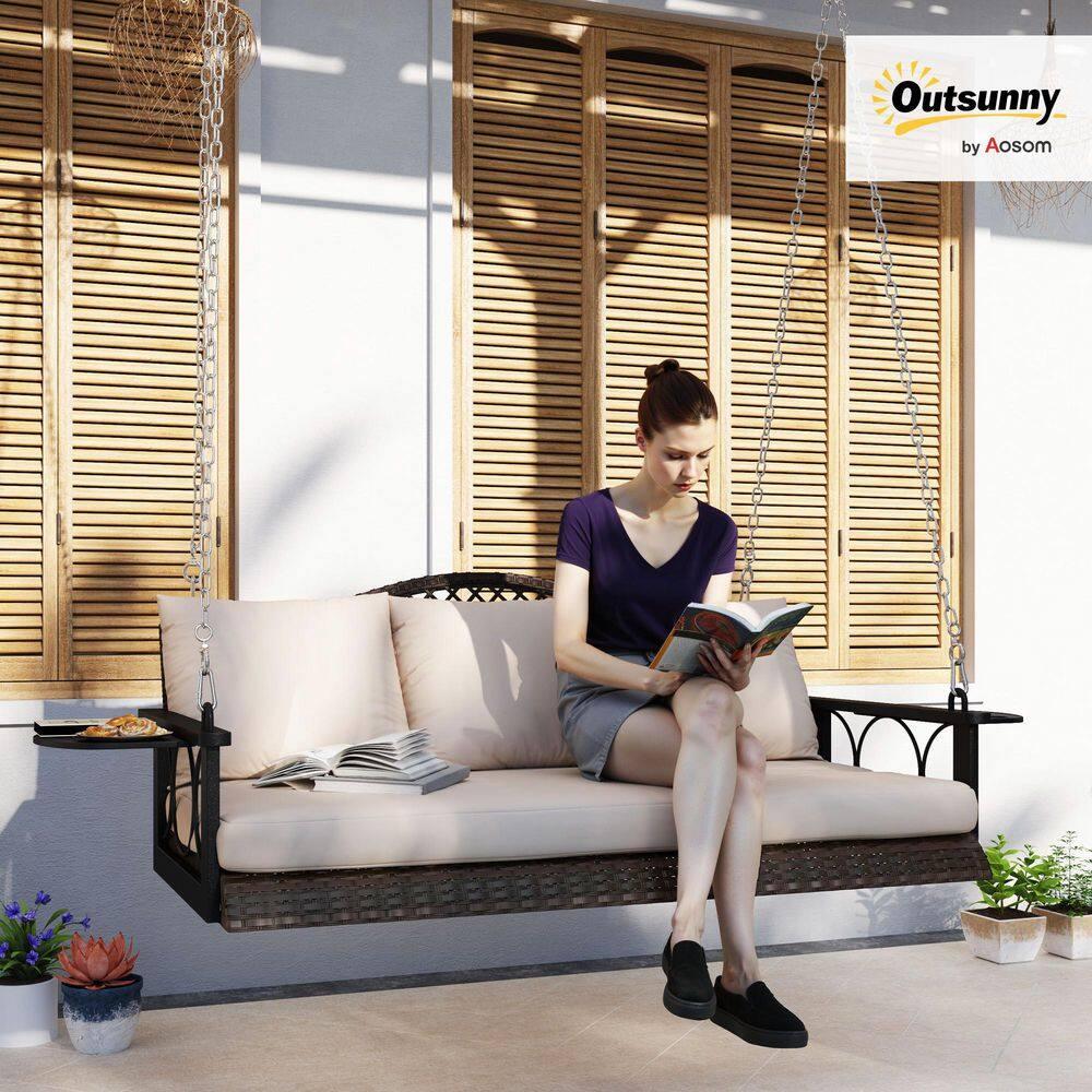 Outsunny 3 Person Outdoor Hanging Wicker Porch Swing Bench with Cup Holders, Cushions, and Chains, 800 LBS Capacity for Garden Backyard, Brown