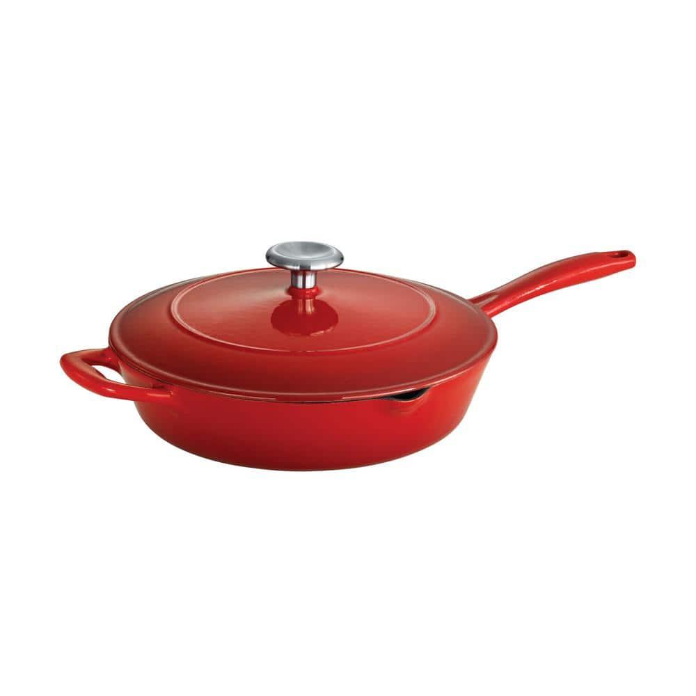 10-Inch Red Enameled Cast Iron Skillet with Lid