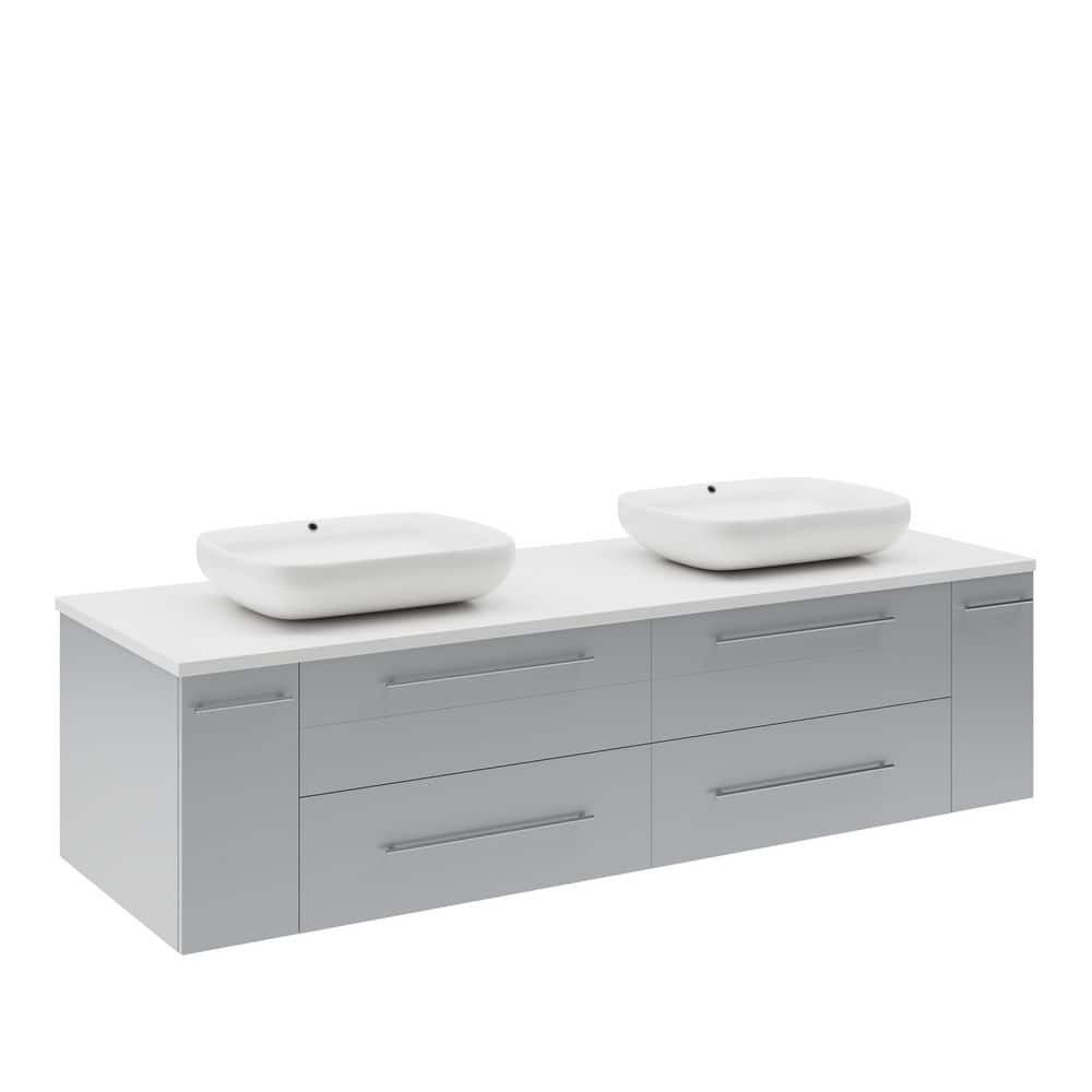 Fresca Lucera 60" Wall Mount Double Sink Modern Bathroom Vanity with Top and Vessel Sinks
