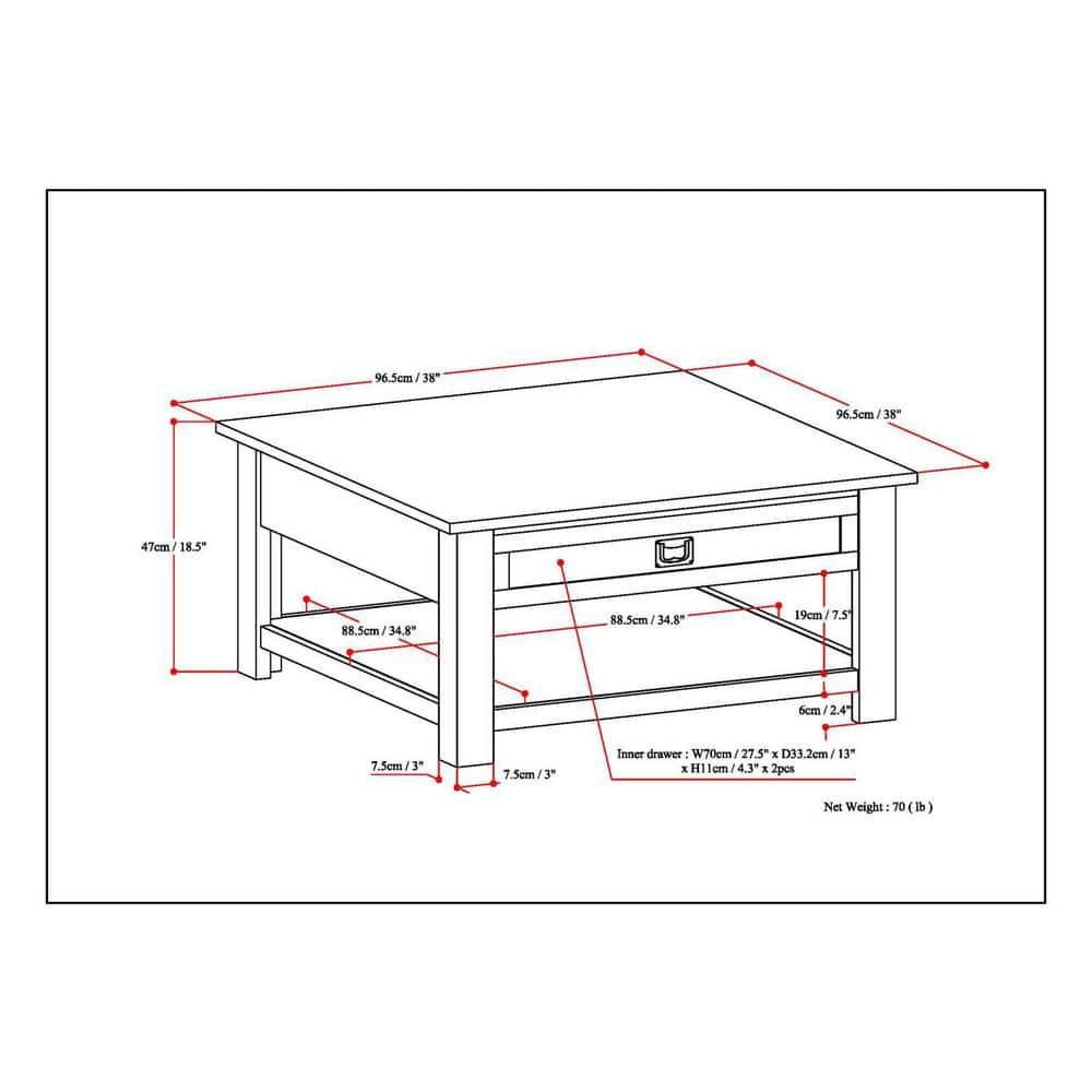 Simpli Home Monroe 38"W Solid Acacia Rustic Square Coffee Table with Large Drawer and Open Shelf