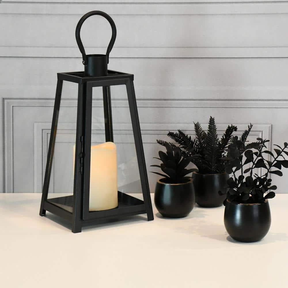 The Holiday Aisle® Black Tapered Metal Lantern with Battery Operated Candle