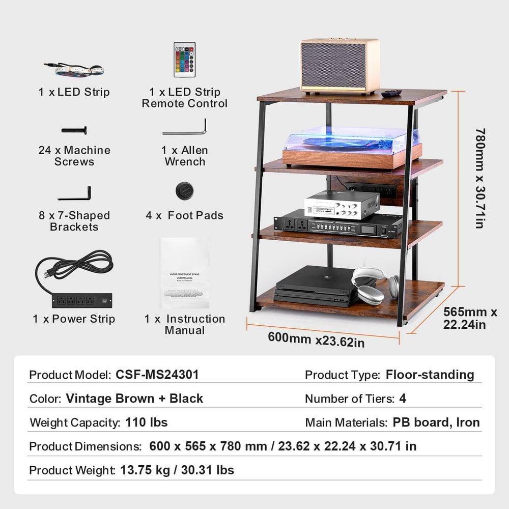 VEVOR 4-Tier AV Media Stand with Power Strips, Corner TV Stand with LED Lights, Height Adjustable Wooden Shelves