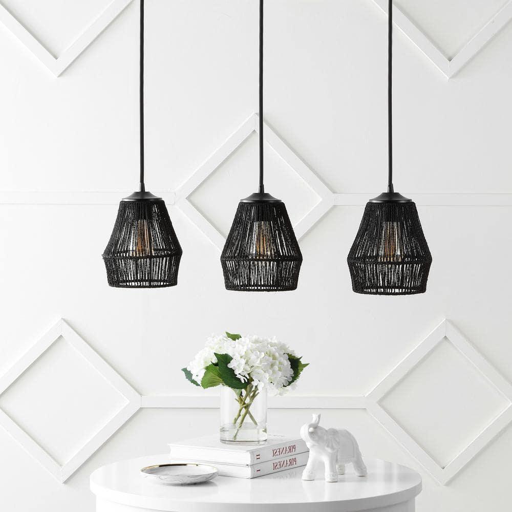 30" 3-Light Ibiza Island Woven Rope/Metal Bohemian Coastal Linear Pendant (Includes LED Light Bulb) Black - JONATHAN Y