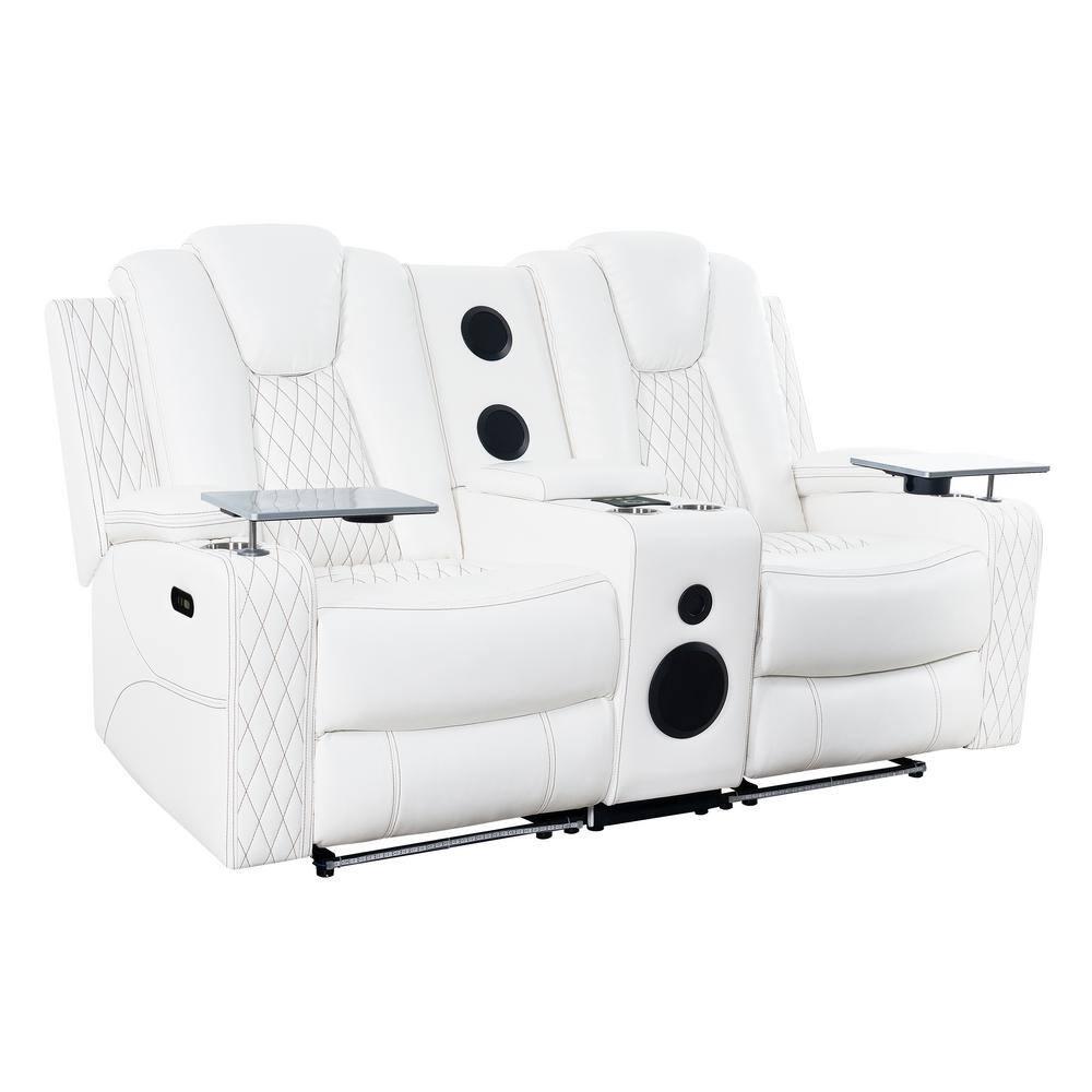 Home Theater Seating, Gaming Couch for Adults, Wireless Charging Movie Theater Couch, Power Recline Loveseat with 6 Cup Holders and Tray, Powerful in-Built Speaker, USB-Color:White,Fabric:Air Leather