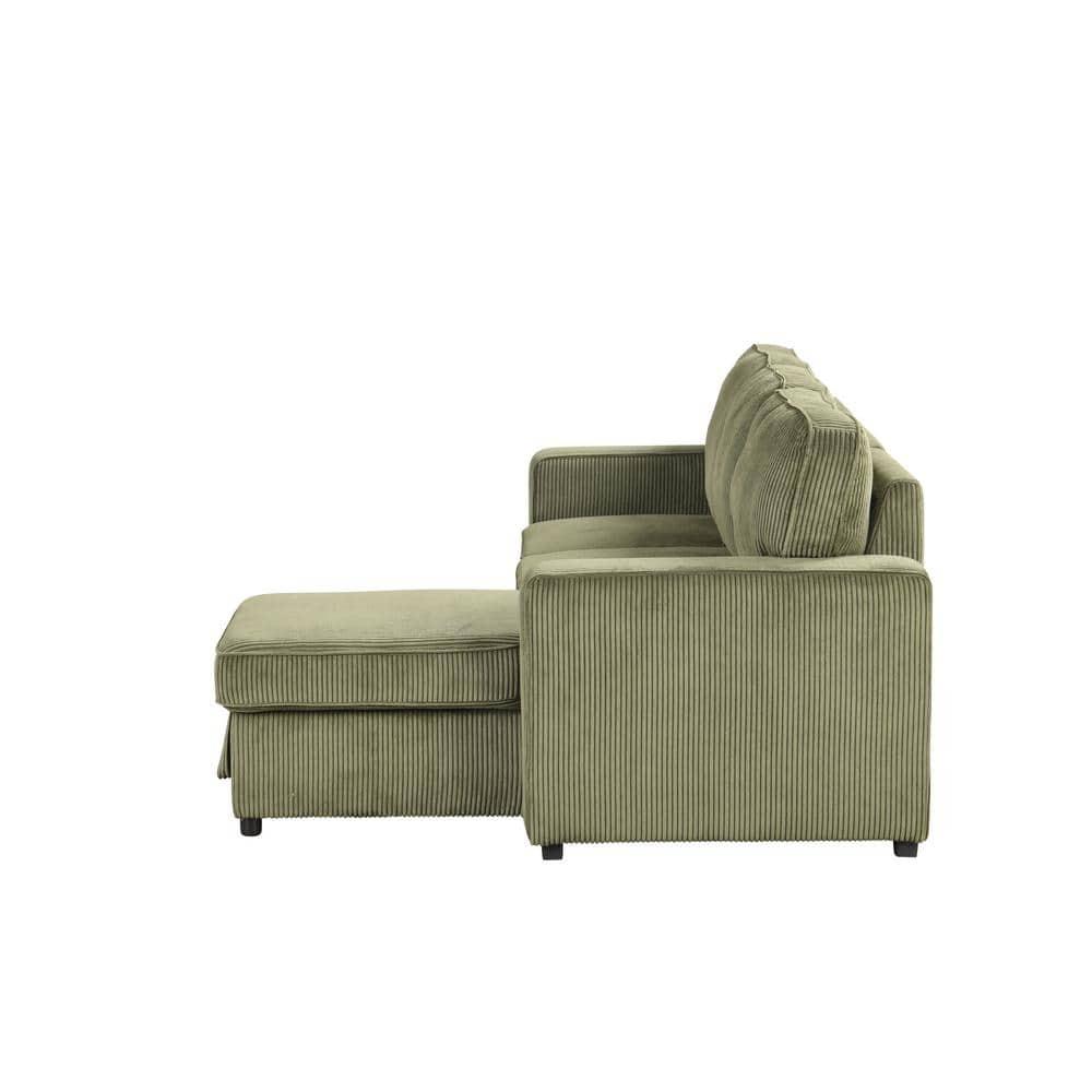 HOMES: Inside + Out Paeke Sleeper Sectional Sofa Corduroy with Storage Chaise and Reversible Green