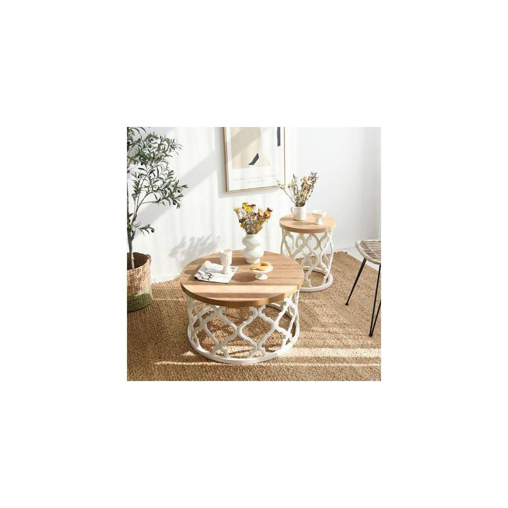 COZAYH Rustic Coffee Table, Distressed Wood Top Table with Curved Motif Frame Base for Boho, Farmhouse Decor, Round