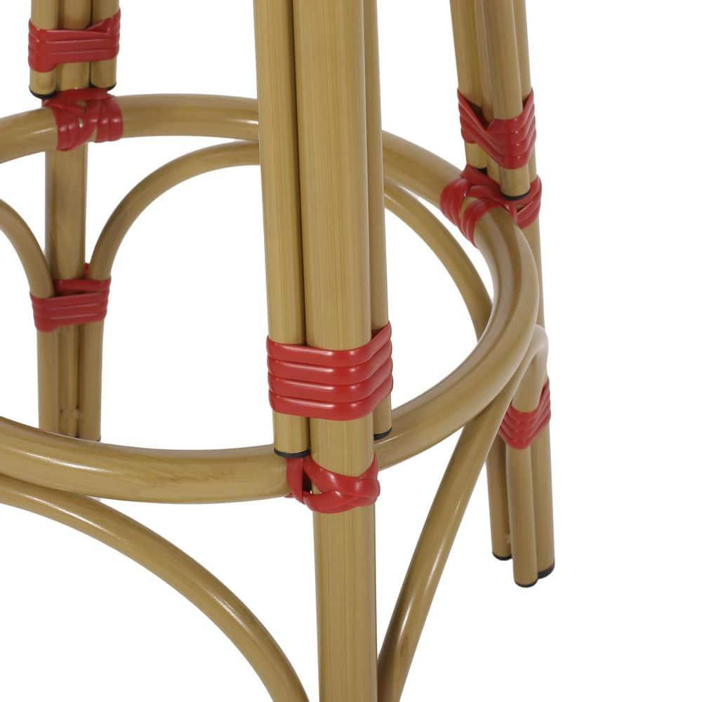 Wilbur Aluminum and Wicker Outdoor 29.5 Inch Barstools, Set of 2, Red, White, and Bamboo Finish
