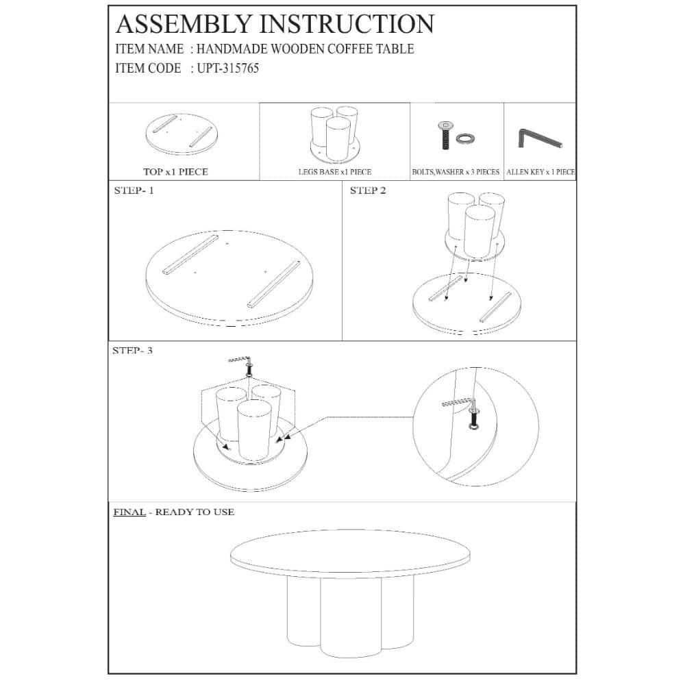 The Urban Port Hazel Coffee Table with 3 Pillar Legs, 35.5 Inch Round Top, Natural Brown Mango Wood